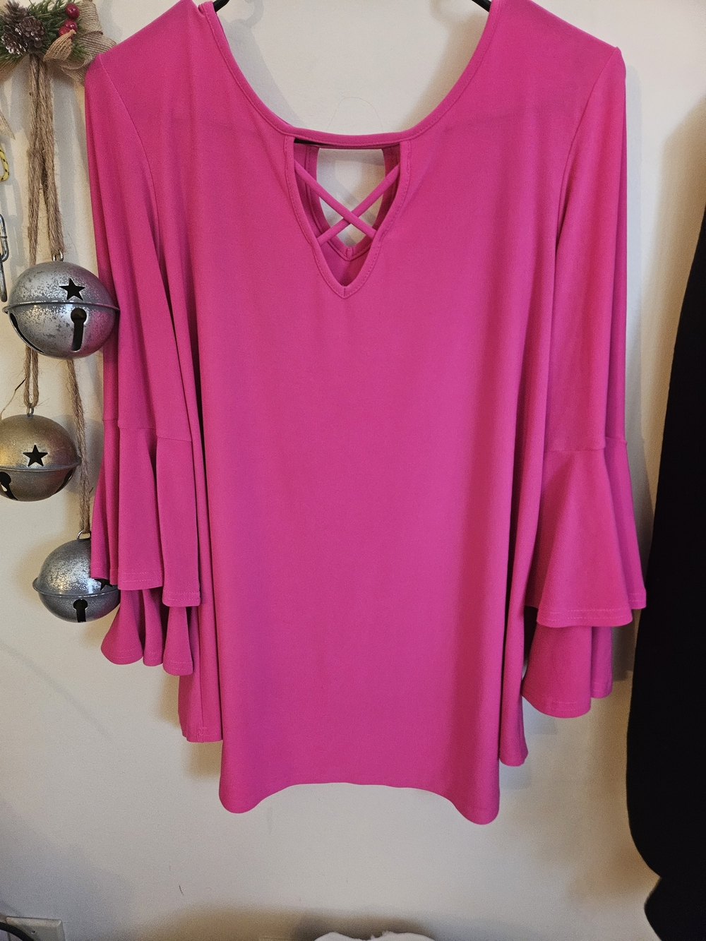 Joseph Ribkoff Fuchsia Crisscross V-Neck Bell Sleeve Top